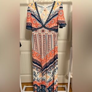 Flying Tomato Orange and Blue V-Neck Maxi Dress size M